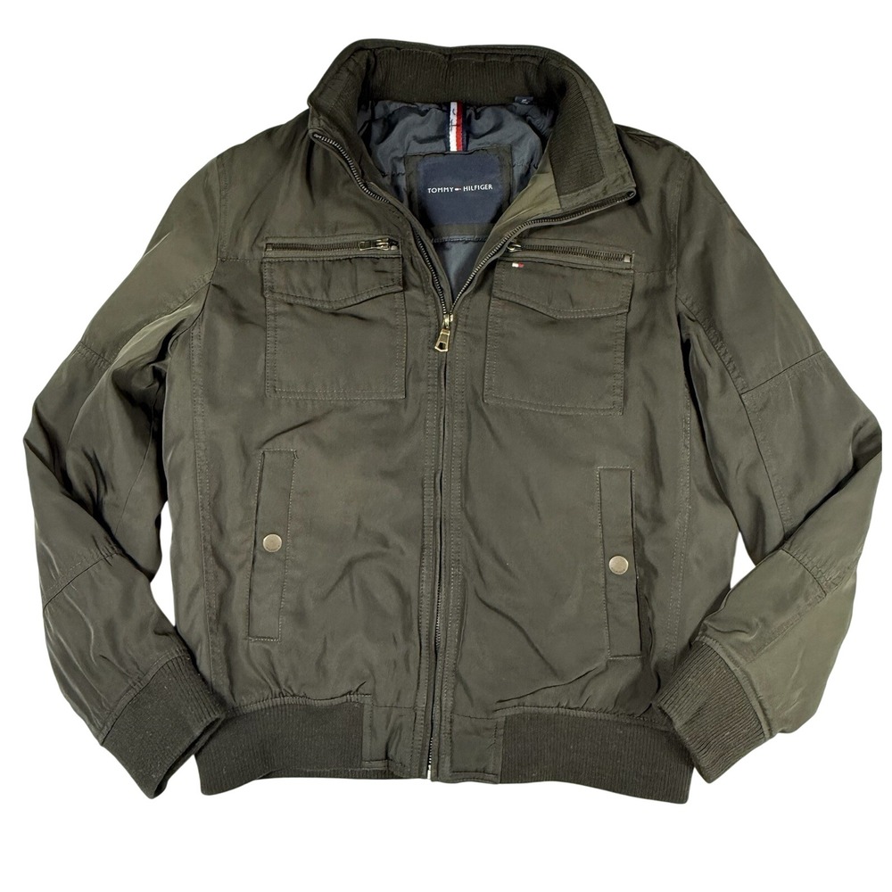 Tommy Hilfiger Bomber Jacket Coat Men M Military Green Water Wind Resistant Hood